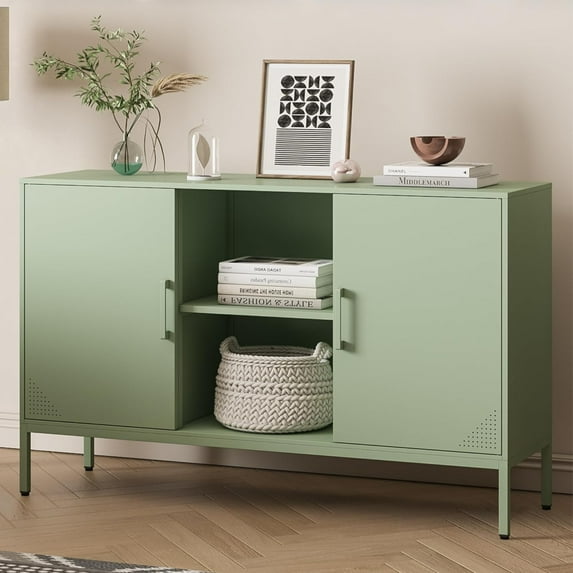 Metal Green TV Stand with Storage,Storage Cabinet Coffee Bar Buffet Cabinet Kitchen Sideboard with Adjustable Shelves for Living Room Bedroom