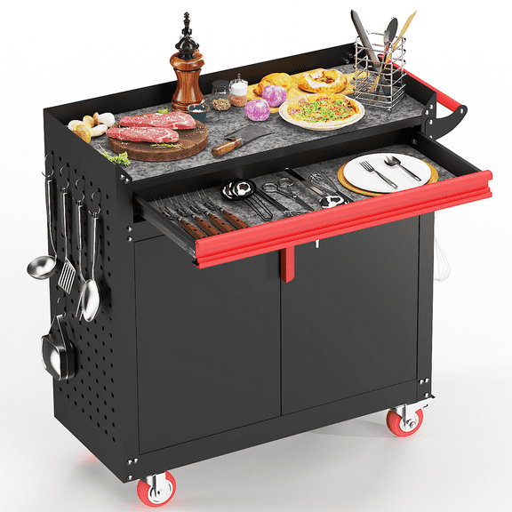 Metal Grill Cart - Outdoor Grill Cart With Storage, Outdoor Grill Table With Wheels ,Outdoor Bar Cart With Adjustable Shelf For Kitchen Prep And Patio BBQ