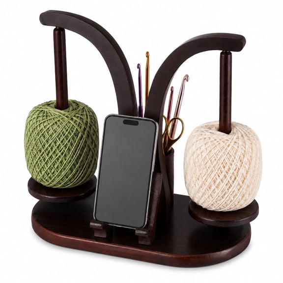 Metal-Gripping Wooden Yarn Holder, Yarn Spindle with Double Spindles, Rotating Yarns Spinner with Phone Stand and Storage Cup, Wood Thread Dispenser for Crocheting Knitting and Weaving