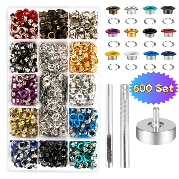 Metal Grommet Eyelet Pliers Kit, 600 Pcs 3/16 inch Copper Eyelets in 12 Colors for DIY Crafts, Clothing, Leather, and Bags
