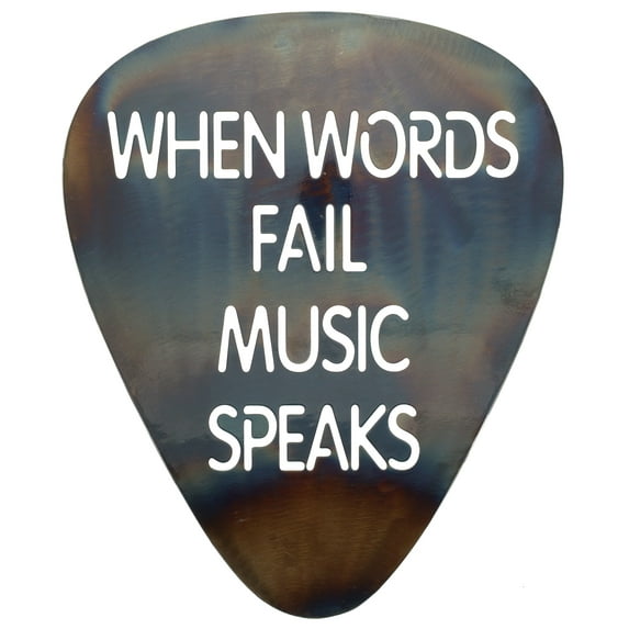 Metal Guitar Pick Wall Decor Art - 12" When Words Fail Music Speaks - Rustic Torched Finish