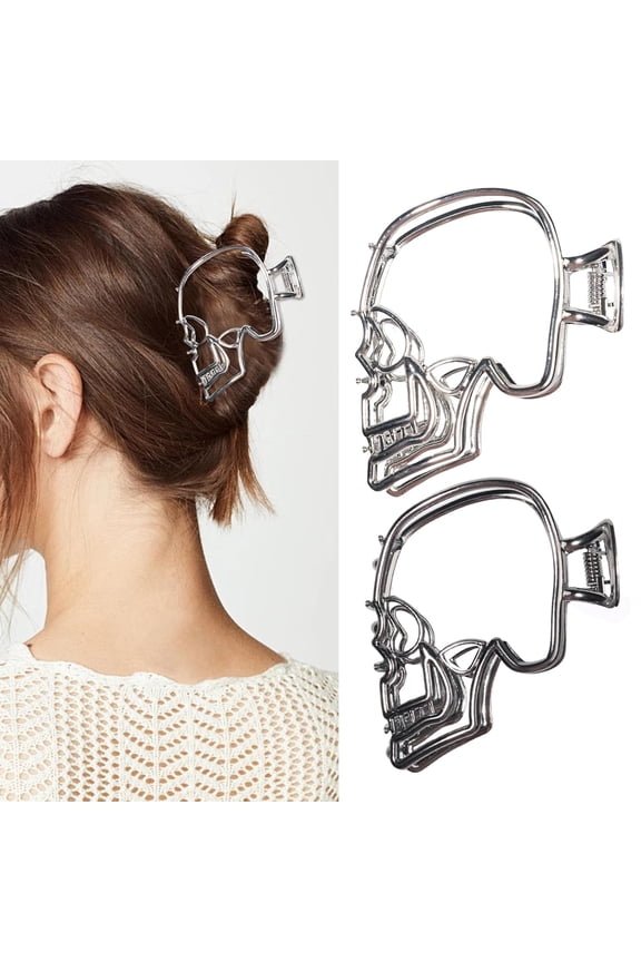 Metal Hair Claw Clips Silver & Black for Women - Skull Design Non-Slip Strong Hold Hair Accessories for Styling 2PCS