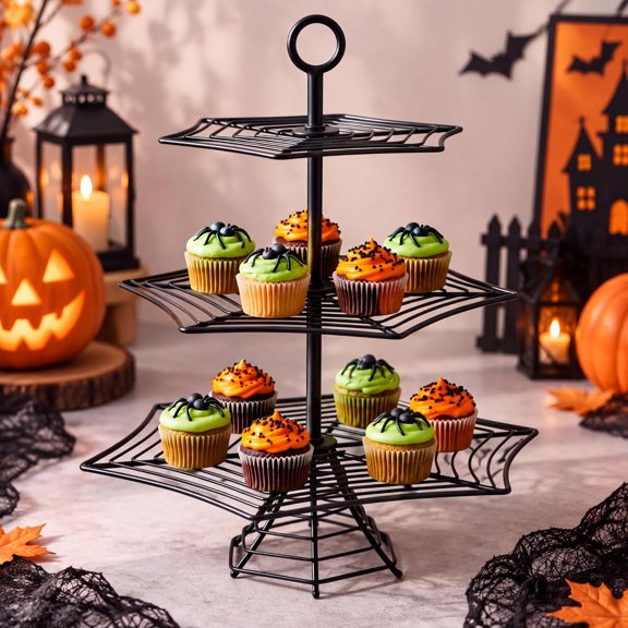 Metal Halloween Cupcake Stand, 3-Tier Spider Web Design Table Decor