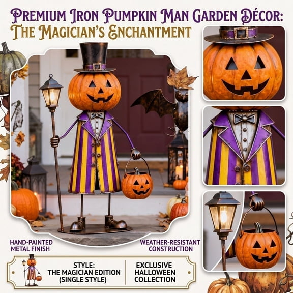 Metal Halloween Yard Decorations, Outdoor Halloween Decorations Yard, Halloween Pumpkin Decor, Jack O Lantern Decor, 20X17X14 Inch Magician Style Metal Pumpkin Man Statue with Top