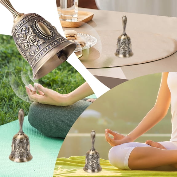 Metal Hand Held Bell 4.53 Inch Vintage Embossed Alloy Service Call Bell, Loud Clear Sound Dinner Bell Ideal for Restaurant, Reception, Hotel Desk, Wedding Ceremony and Pet Attention Training Use