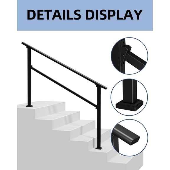 Metal Hand Rails for Outdoor Steps – Global Fit 2-5 Step Stair Railing Kit, Safety Handrail for Porch, Deck, Balcony – 5 Steps | Steps | 1 Pack | Glossy Black