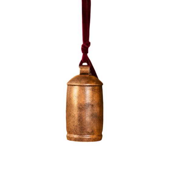Metal Hanging Bell, Antique Gold Finish with Red Velvet Ribbon