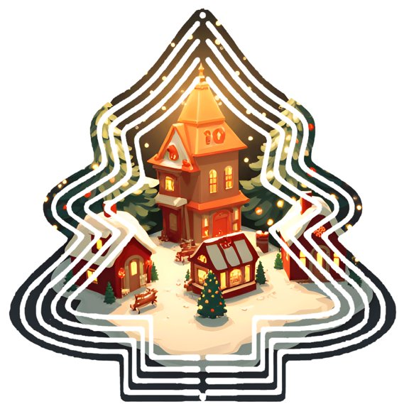 Metal Hanging Christmas Tree-Shaped Wind Decorations - Festive Garden Spinners with Cozy Village Scene & Christmas Lights Design