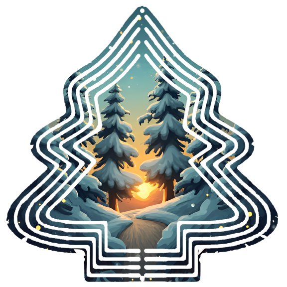Metal Hanging Christmas Tree-Shaped Wind Decorations - Festive Garden Spinners with Snow - Covered Trees & Serene Sunset Design