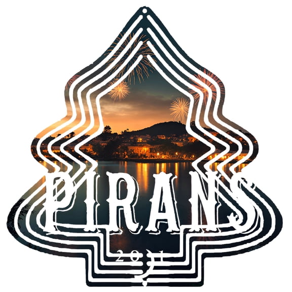 Metal Hanging Christmas Tree-Shaped Wind Decorations - Ornate Gothic Design with Scenic City View & Fireworks for Garden & Yard