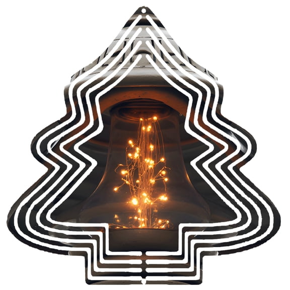Metal Hanging Christmas Tree Wind Decoration - Bell-Shaped with Intricate Black & White Patterns Warm Orange Lights for Festive Garden Charm