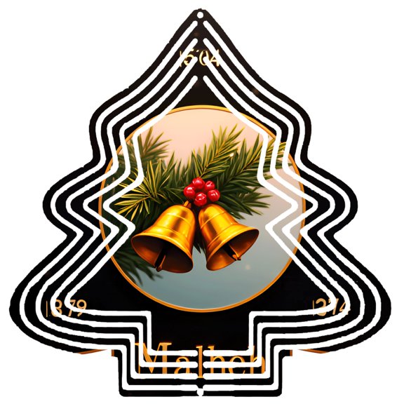 Metal Hanging Christmas Tree Wind Decoration - Modern Tech-Inspired Design with Concentric White Lines Golden Bells & Pine Accents
