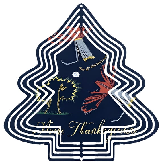 Metal Hanging Christmas Tree Wind Decoration - Navy Blue with White & Blue Circles Colorful Bird & Plant & ' Thank You '