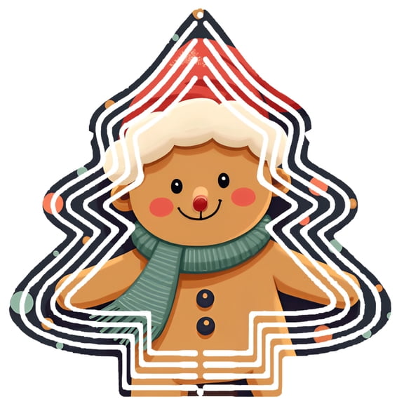 Metal Hanging Christmas Tree Wind Decorations - Festive Garden Spinners with Cheerful Gingerbread Design & Concentric Circle Pattern