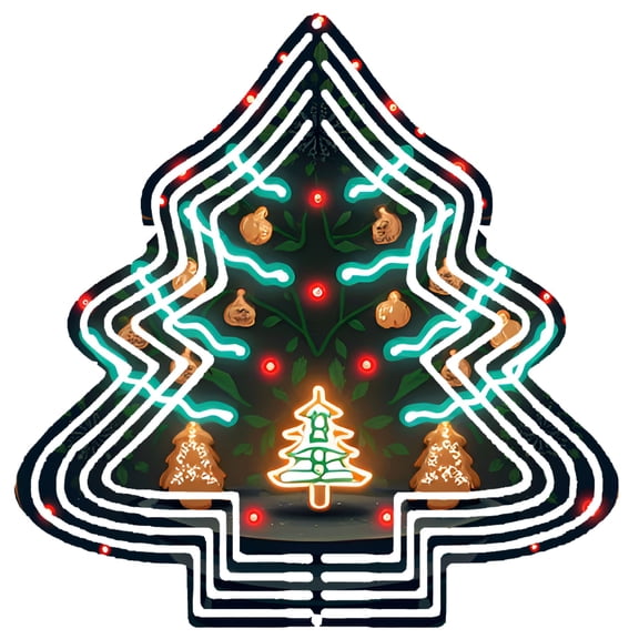 Metal Hanging Christmas Tree Wind Decorations - Festive Garden Spinners with Neon Light Design Gingerbread Ornaments & Baubles