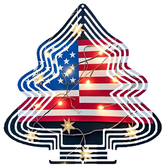 Metal Hanging Christmas Tree Wind Spinner - American Flag Design with Stars & Stripes Festive Garden Decoration for Yard