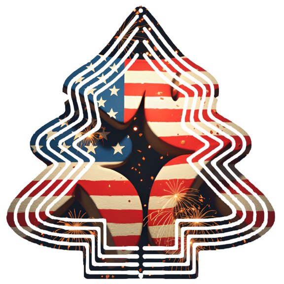 Metal Hanging Christmas Tree Wind Spinner - American Flag Pattern Design with Fireworks Perfect for Yard & Garden Decor
