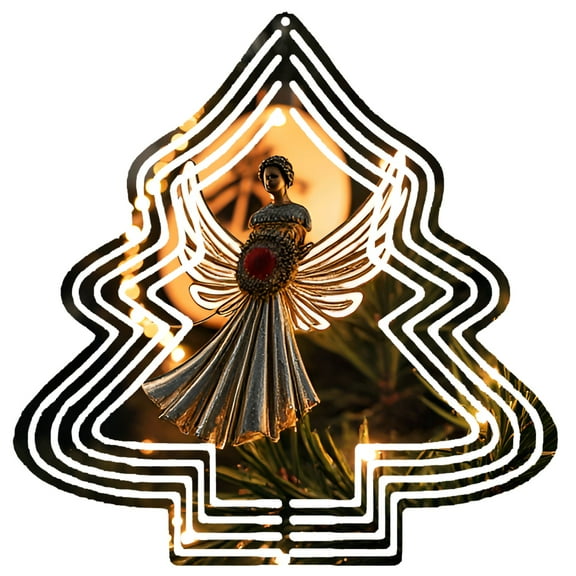 Metal Hanging Christmas Tree Wind Spinner - Angel Centerpiece with Red Gemstone & Intricate Wings - Festive Garden Decoration