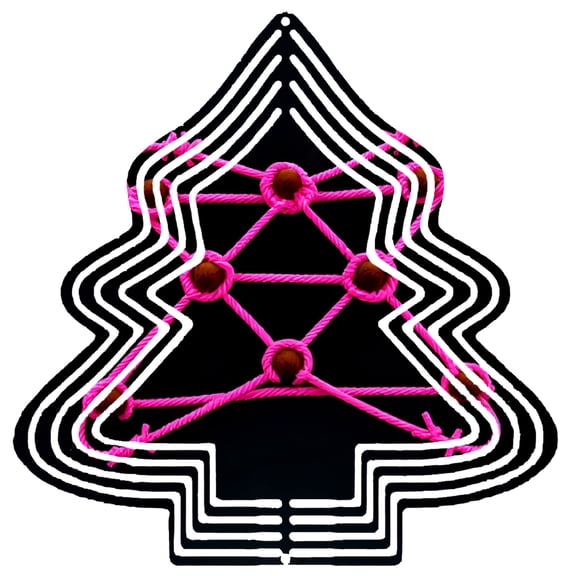 Metal Hanging Christmas Tree Wind Spinner - Black Base with White Outline & Pink Rope Patterns - Festive Garden Decor for Yard