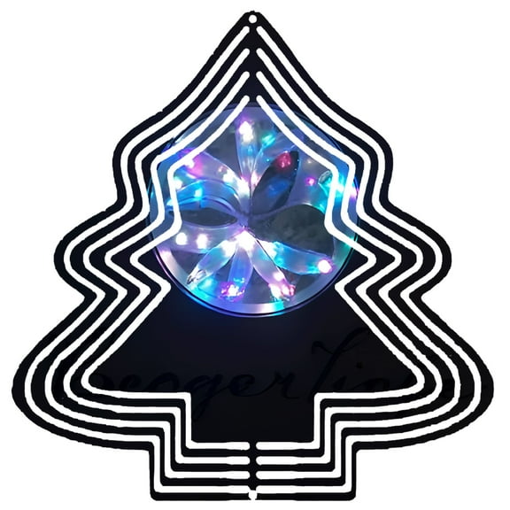 Metal Hanging Christmas Tree Wind Spinner - Colorful Light Display Festive Design with ' Merci ' Script Perfect for Garden Decor