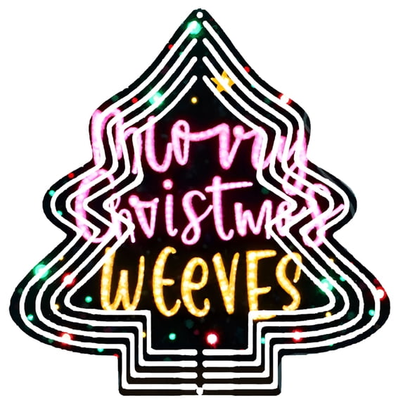 Metal Hanging Christmas Tree Wind Spinner - Colorful Lights Design Festive ' Snowy Christmas ' & ' Weevs ' Text for Garden Decor