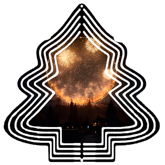 Metal Hanging Christmas Tree Wind Spinner - Concentric Circle Design with Night Scene & Fireworks - Perfect Garden Decoration