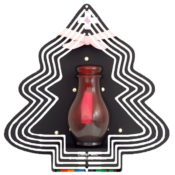 Metal Hanging Christmas Tree Wind Spinner - Decorative Garden Ornament with Zigzag Patterns & Red Glass Bottle Center