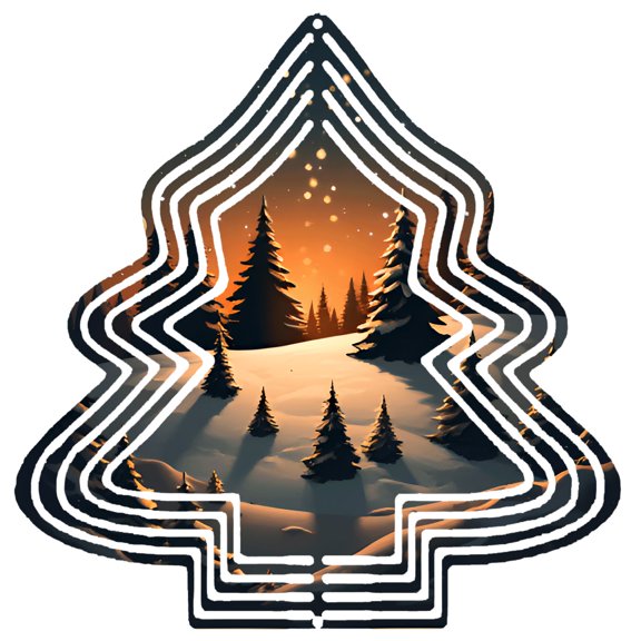 Metal Hanging Christmas Tree Wind Spinner - Elegant Design with Snowy Landscape & Pine Silhouettes - Perfect for Yard & Garden Decor