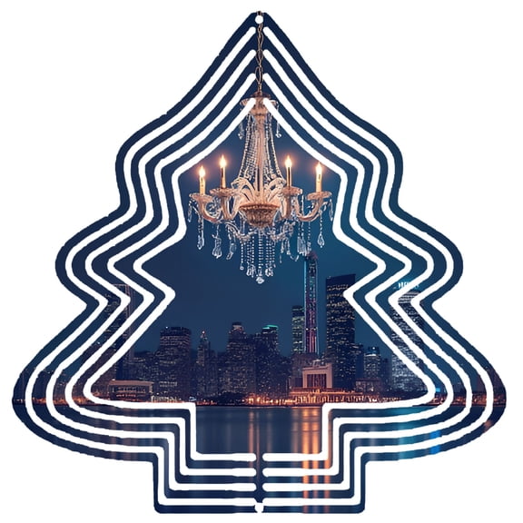 Metal Hanging Christmas Tree Wind Spinner - Elegant Garden Decoration with Skyline Design Illuminated Chandelier Effect Perfect for Yard