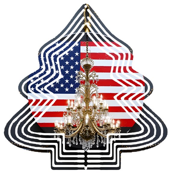 Metal Hanging Christmas Tree Wind Spinner - Festive Chandelier Design with Abstract Wavy Patterns & American Flag Elements for Garden Decor