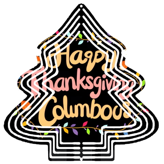 Metal Hanging Christmas Tree Wind Spinner - Festive Design with Colorful Lights & Cursive ' Happy Thanksgiving ' Text for Garden Decor