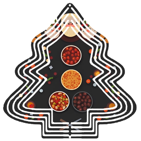 Metal Hanging Christmas Tree Wind Spinner - Festive Design with White Lines Holly Leaves and Santa Face - Perfect for Garden Decor