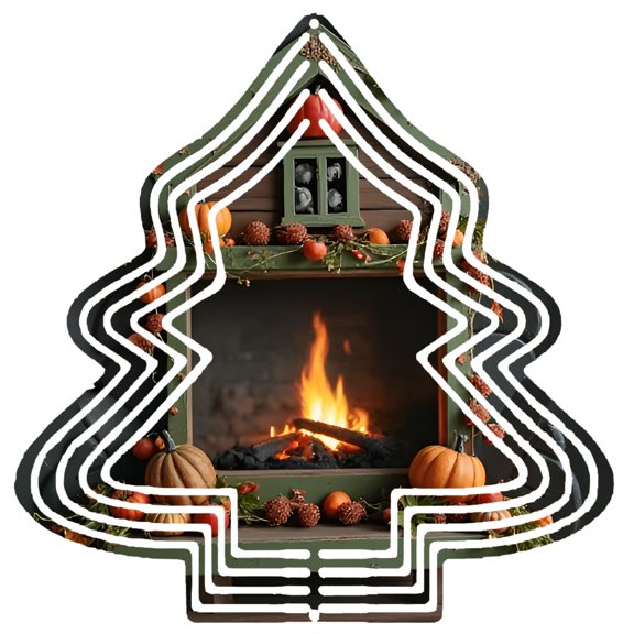 Metal Hanging Christmas Tree Wind Spinner - Festive Garden Decoration with Cozy Fireplace Autumnal Accents Moon & Stars Design