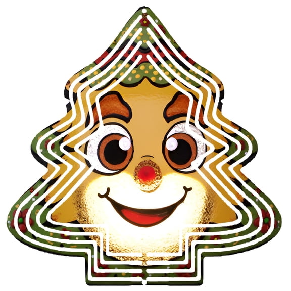 Metal Hanging Christmas Tree Wind Spinner - Festive Garden Decoration with Glowing Concentric Lines Expressive Face & Polka - Dotted Cap