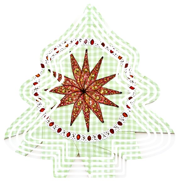 Metal Hanging Christmas Tree Wind Spinner - Festive Green Checkered Design with Star Ornament & Circular Red/Green Dots for Garden Decor