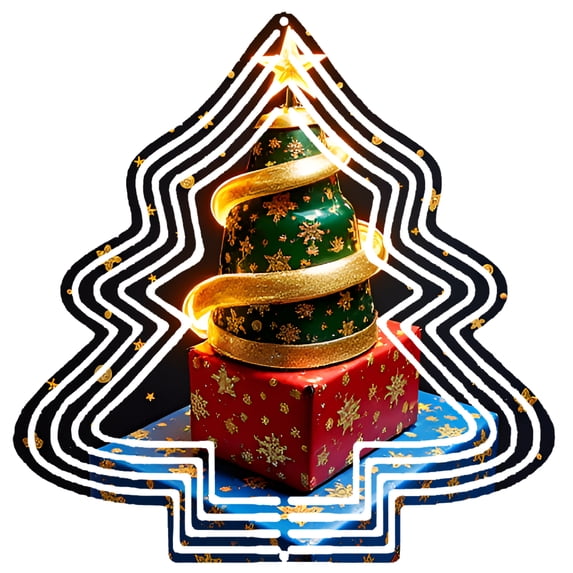 Metal Hanging Christmas Tree Wind Spinner - Festive Green & Gold Design with Stars & Ribbons Perfect for Yard & Garden Decor
