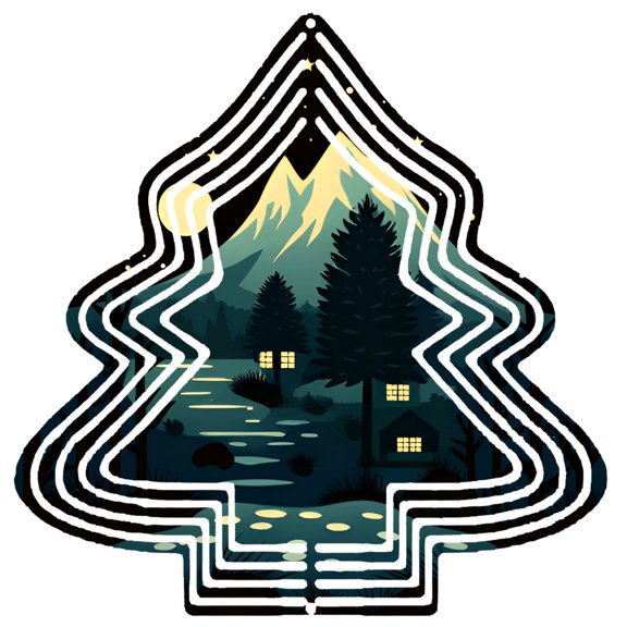 Metal Hanging Christmas Tree Wind Spinner - Serene Forest Design with Glowing Windows Pine Trees & Starry Sky for Garden Decor