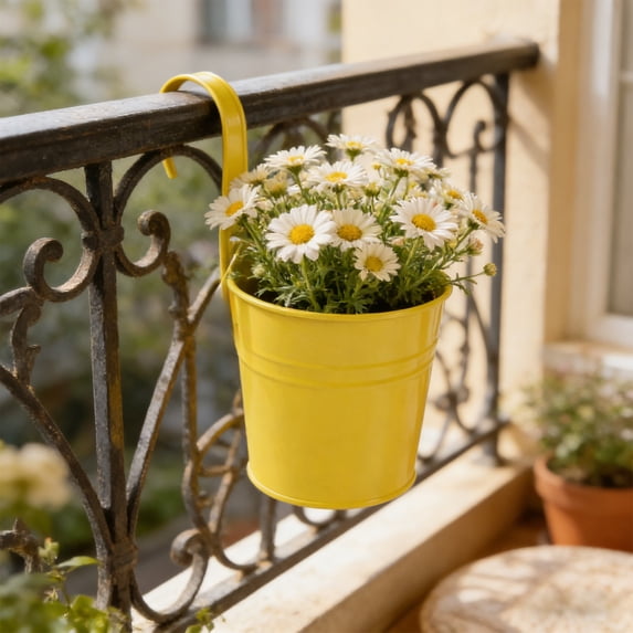 Metal Hanging Flower Pot with Hook,Hanging Flower Pot Iron Craft With Drainage Holes Detachable Hook Design Fence,Balcony,Garden Decor,6.29x3.93x3.93 Inch,Yellow