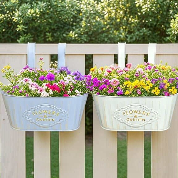 Metal Hanging Flower Pot with Hooks for Balcony Fence Railings Garden Planter Container Outdoor Indoor Use Decorative