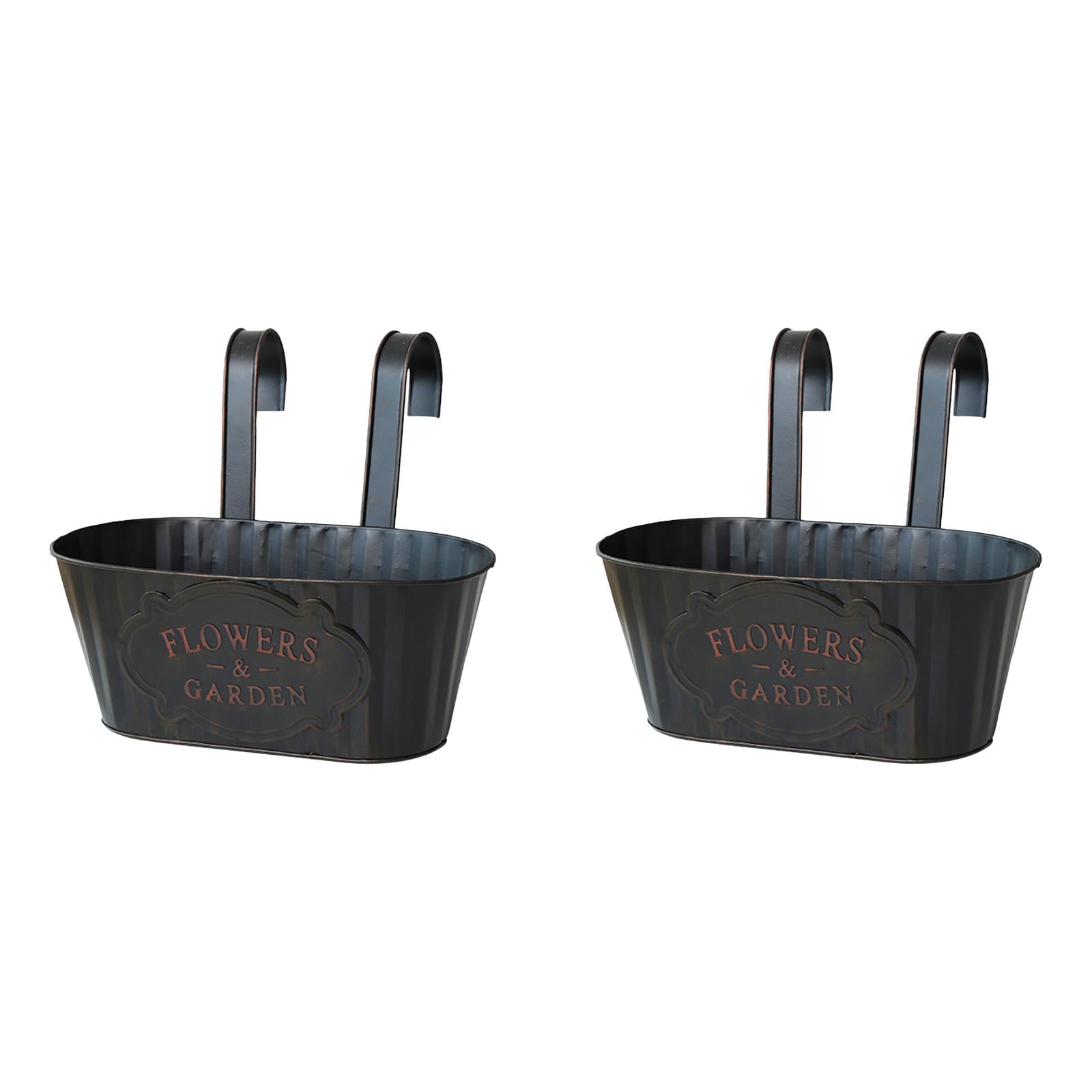 Metal Hanging Flower Pots for Railing - 11 Inch Outdoor Planter with Detachable Hooks, Iron Hanging Bucket for Fence, Balcony and Garden Decor, Black Countryside Window Plant Holder (2Pcs)