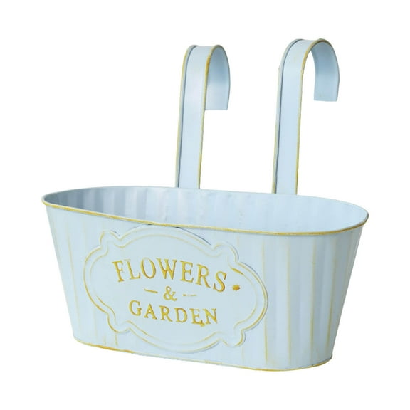 Metal Hanging Flower Pots for Railing - 11 Inch Outdoor Planter with Detachable Hooks, Iron Hanging Bucket for Fence, Balcony and Garden Decor, Blue Countryside Window Plant Holder (1Pcs)