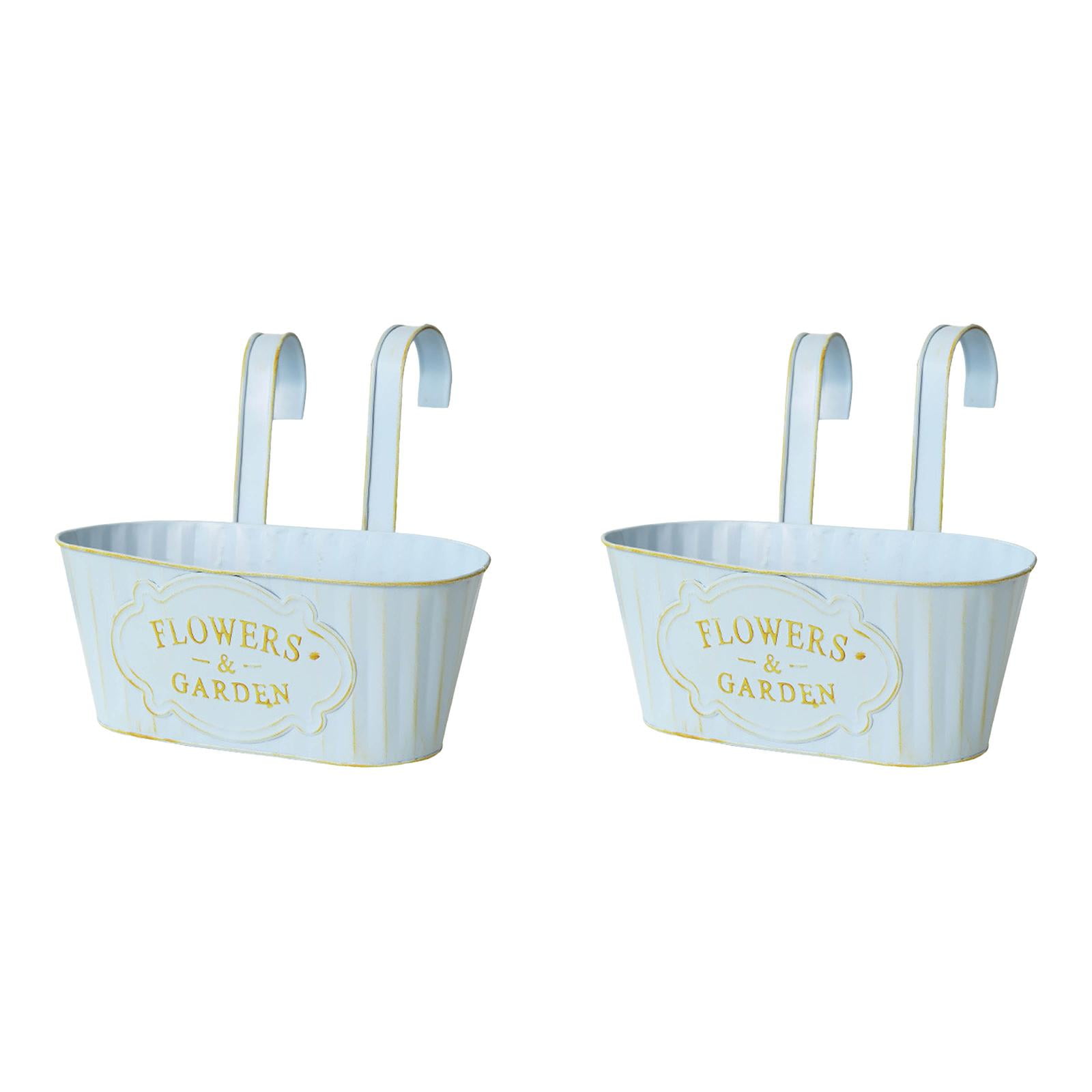 Metal Hanging Flower Pots for Railing - 11 Inch Outdoor Planter with Detachable Hooks, Iron Hanging Bucket for Fence, Balcony and Garden Decor, Blue Countryside Window Plant Holder (2Pcs)