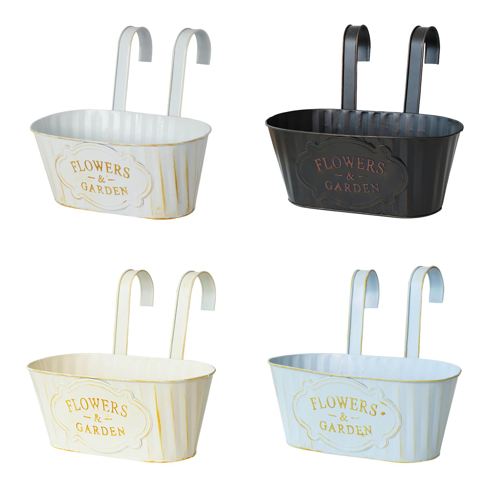 Metal Hanging Flower Pots for Railing - 11 Inch Outdoor Planter with Detachable Hooks, Iron Hanging Bucket for Fence, Balcony and Garden Decor, White Countryside Window Plant Holder (4Pcs)