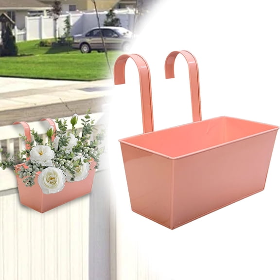 Metal Hanging Flower Pots for Railing Fence Outdoor Planter 11 Inch Hanging Bucket Pots Countryside Window Flower Plant Holder with Detachable Hooks for Garden Yard Home Decor,Pink
