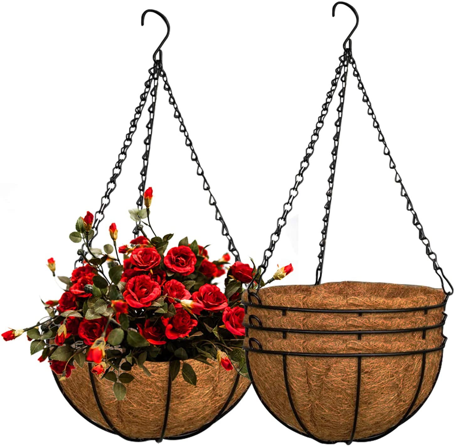 Metal Hanging Planter Basket with 10inch Coconut Coir Liner- Coconut Coir Liner with Black Chain for Porch Pots Hanger, Indoor Outdoor Plant Flower Pot, Garden Decorations