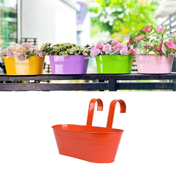 Metal Hanging Planter Box with Detachable Hooks, Rectangular Railing Flower Pot for Balcony, Fence & Garden, Indoor Outdoor Deck Plant Container with Drainage Hole, large rectangular planter