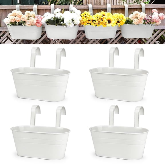 Metal Hanging Planter Box with Detachable Hooks, Rectangular Railing Flower Pot for Balcony, Fence & Garden, Indoor Outdoor Deck Plant Container with Drainage Hole,railing planter box