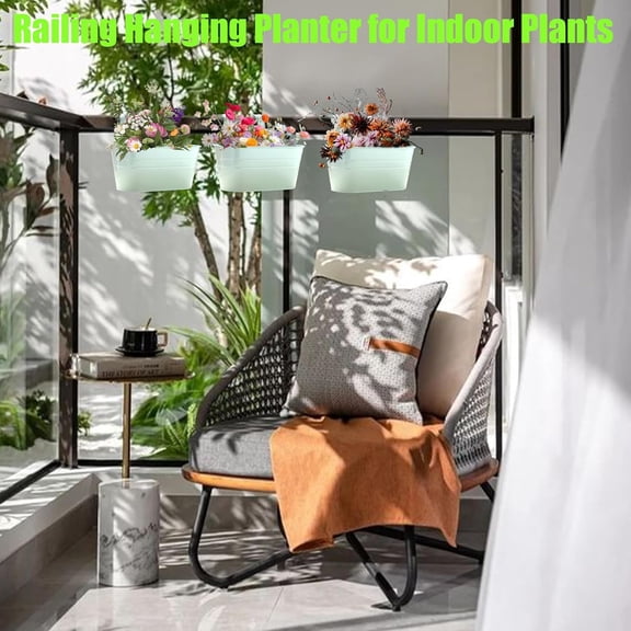 Metal Hanging Planter with Detachable Hooks Flower Pots Railing Window Planter Boxes Flower Pot Holder Hanging Planters for Outdoor Balcony Railing Hanging Plants Garden Decor, Blue, 3 Pcs