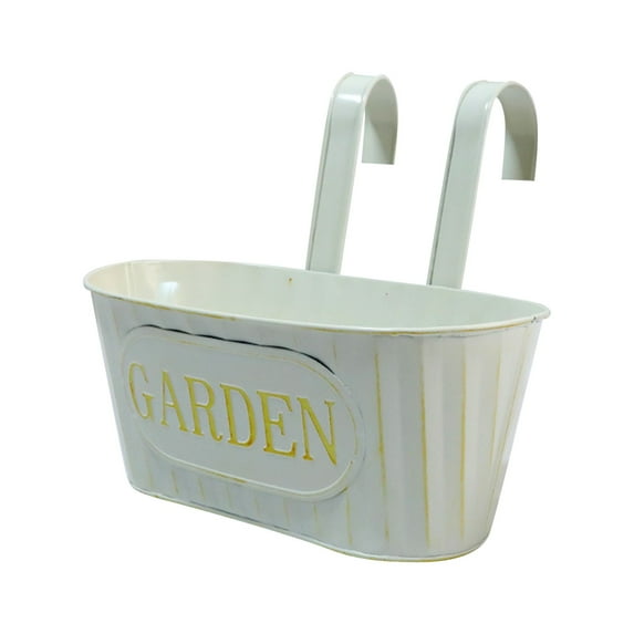 Metal Hanging Planter Pot With Removable Handles - Milky White Iron Flower Bucket With "Garden" Design - For Indoor Outdoor Gardening, Balcony, Patio, Window Sill, Home Decor
