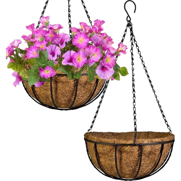 Metal Hanging Planters Basket Set of 2 Hanging Flower Pots 10 Inch Chain Round Wire Plant Holder with Coco Coir Liner Garden Watering Hanging Baskets for Patio Garden Outdoor